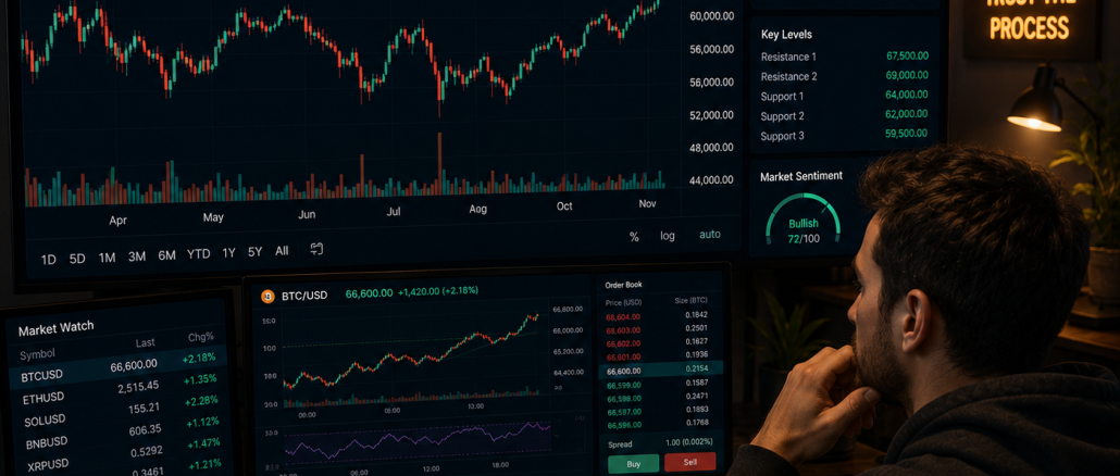 A trader analyzing Bitcoin as it approaches $67k.