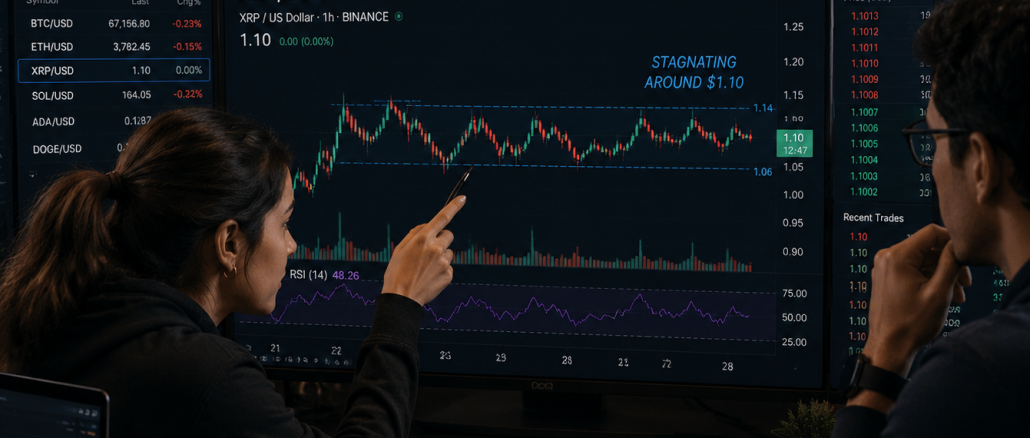 Traders analyzing XRP as it stays below $1.12